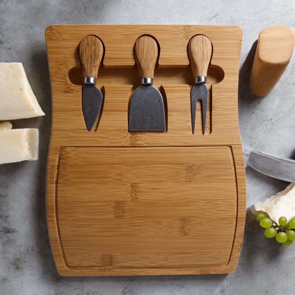 Kit Para Queijos 4 Peças Cortador Tábua De Frios Grande Tabua De Bambu Petisqueira