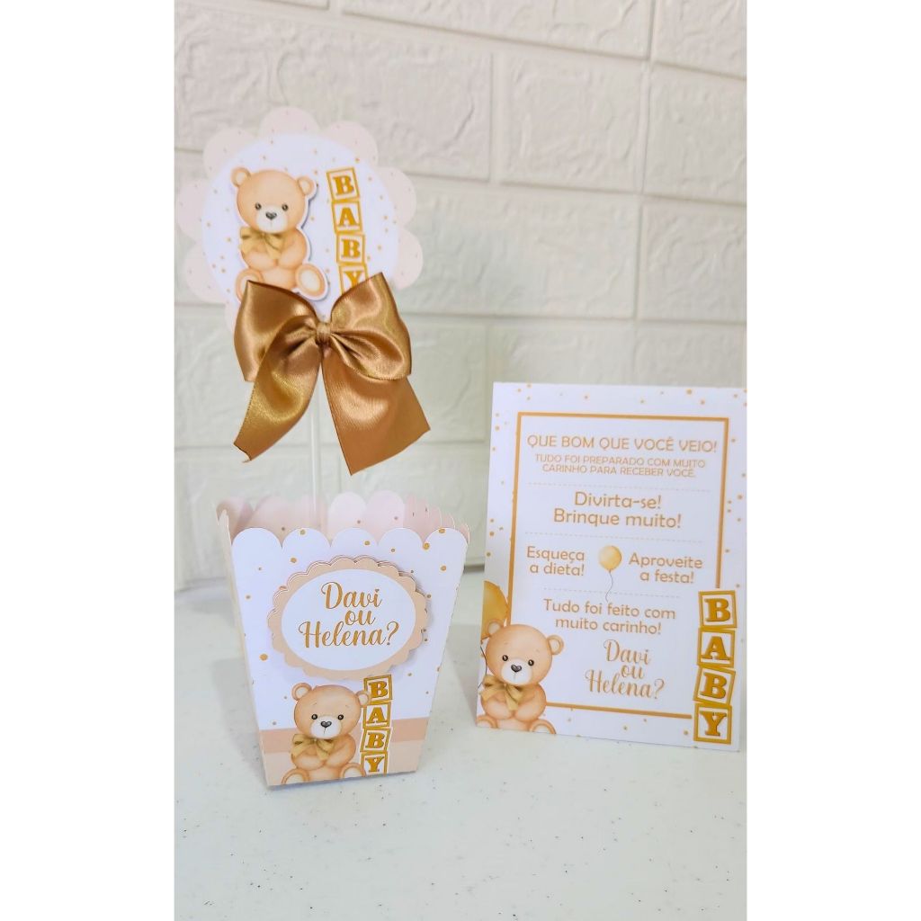 Kit Centro de Mesa Chá Revelação Ursinho Bege | Personalizado | Enfeite Cahepô | Decoração Festa |ENVIO RÁPIDO