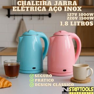 Chaleira Jarra Elétrica Inox 220V 1500W Ou 127V 1000W 1,8L Rápida Ferve Água Automática Azul Ou Rosa