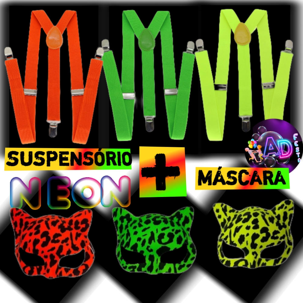 Suspensório Neon 4 cores feminino e masculino, Máscara,Festa,Aniversário,Casamento,Formatura,Festival kit 1un , 2un, 4un