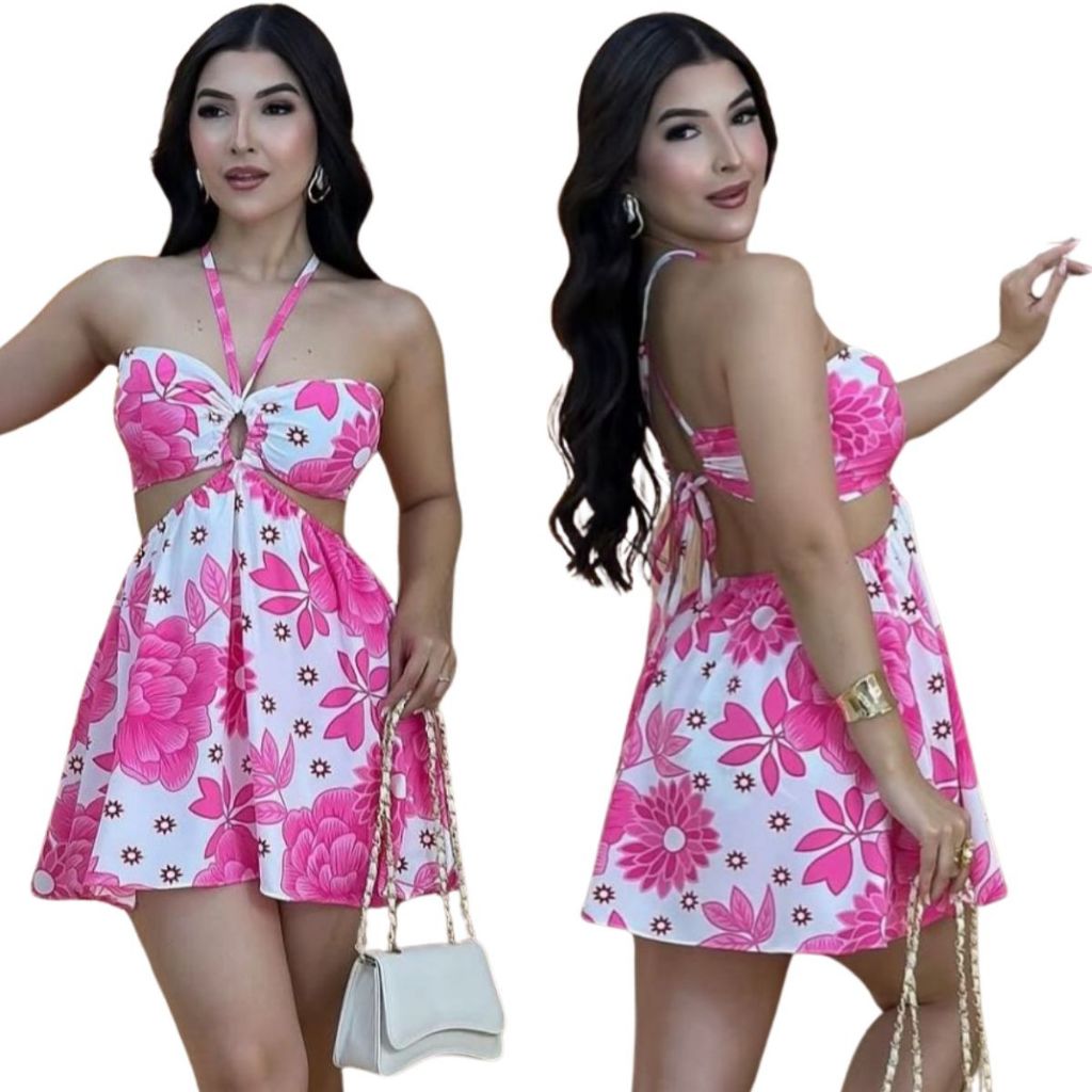 Macaquinho Sofia short saia com amarração no pescoço estampas exclusivas lançamento em Oferta na Shopee