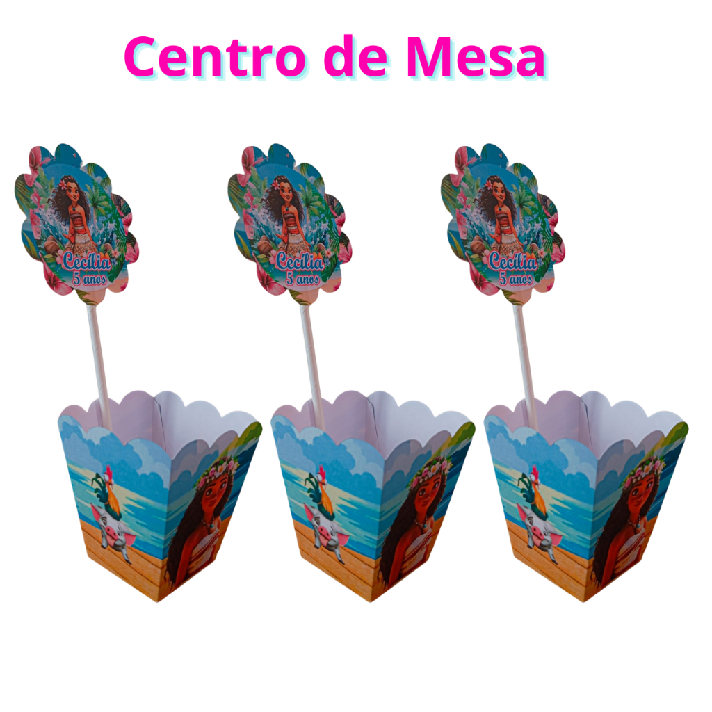 PEGUE E MONTE - Centro de Mesa Cachepot Aniversário Tema Moana Personalizado com Nome e Idade