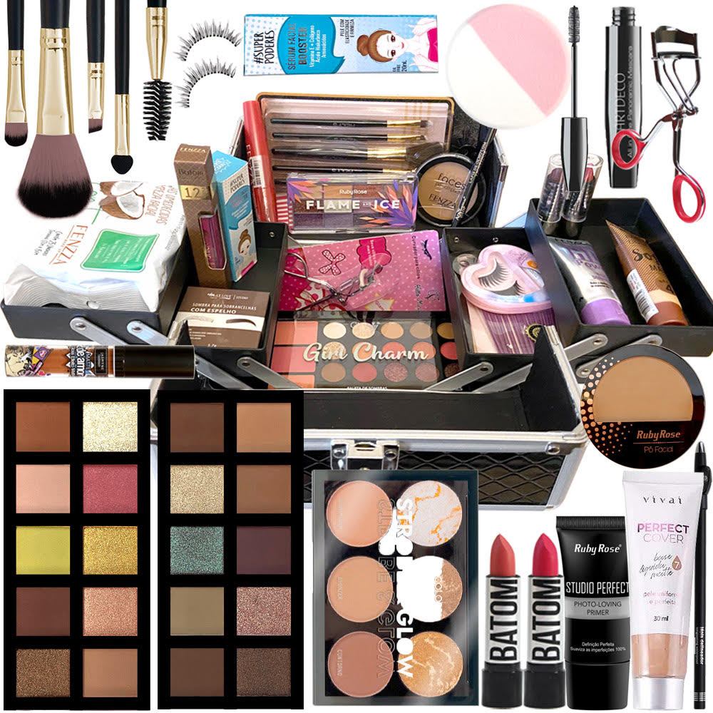Maleta Maquiagem Completa Base Ruby Rose Macrilan Pinceis