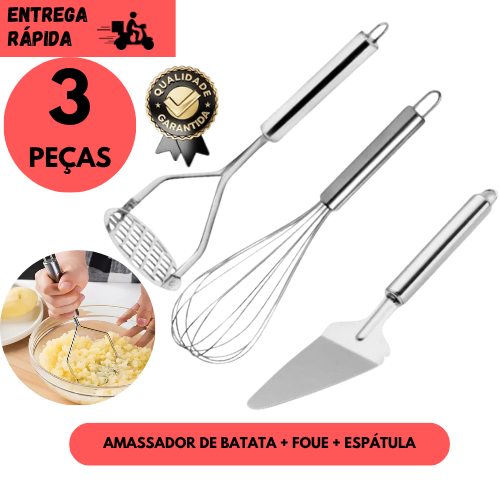 Kits 3 ou 1 Amassador de Batatas Espátula de Bolo e Fouet Batedor de Ovos Inox Pure, Bolos Ovos