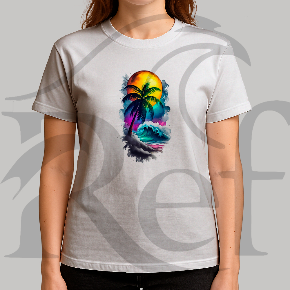 Camiseta Camisa Feminina Streetwear Palmeira E Sol Grande Malha Penteada Algodão Premium