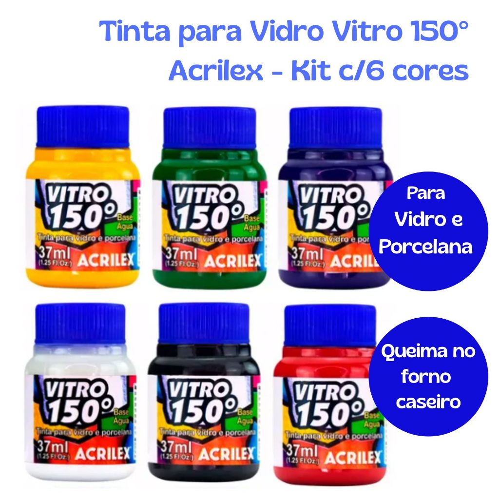 Kit com 6 cores Tinta Vitro 150º 37ml Acrilex para Vidro e Porcelana em Oferta na Shopee