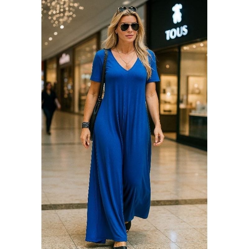 Macacão Pantalona Longo Com Bolso Visco Lycra - Charme