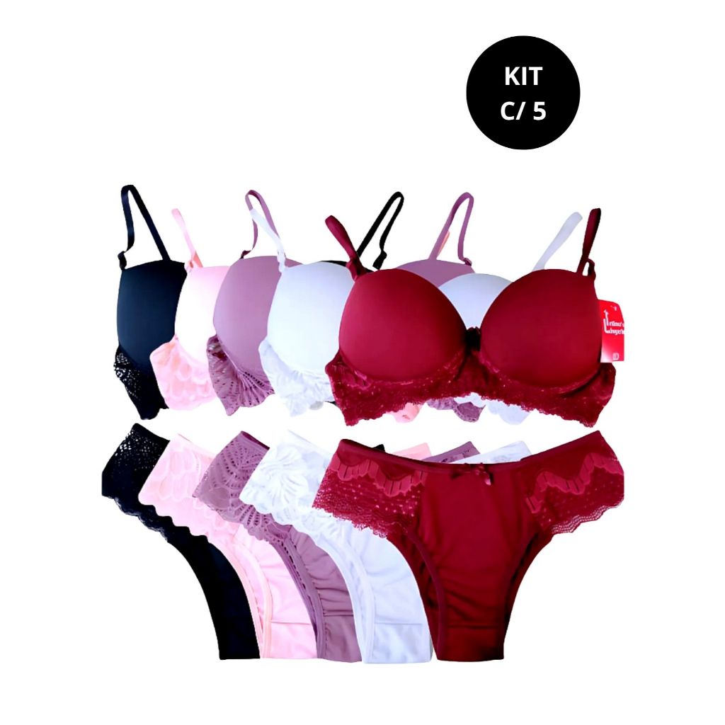 Kit 5 Conjuntos de Lingerie com Renda – Veste Bem, Não Incomoda e Realça suas Curvas