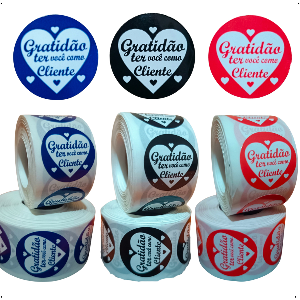 Etiquetas Adesivas  gratidão ter você como cliente papel couchê e Metalizado BOPP azul preto 30x30mm