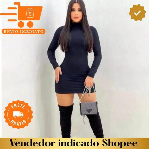 Vestido canelado Manga Longa Inverno Canelado Gola Alta Promoção curto para o frio