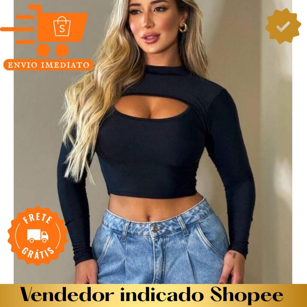 Blusa feminina manga longa com abertura no busto promocao em Oferta na Shopee