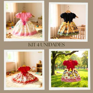 KIT 4 Vestido Festa Casual Manga Curta Infantil Abelhinha Ribana Canelado