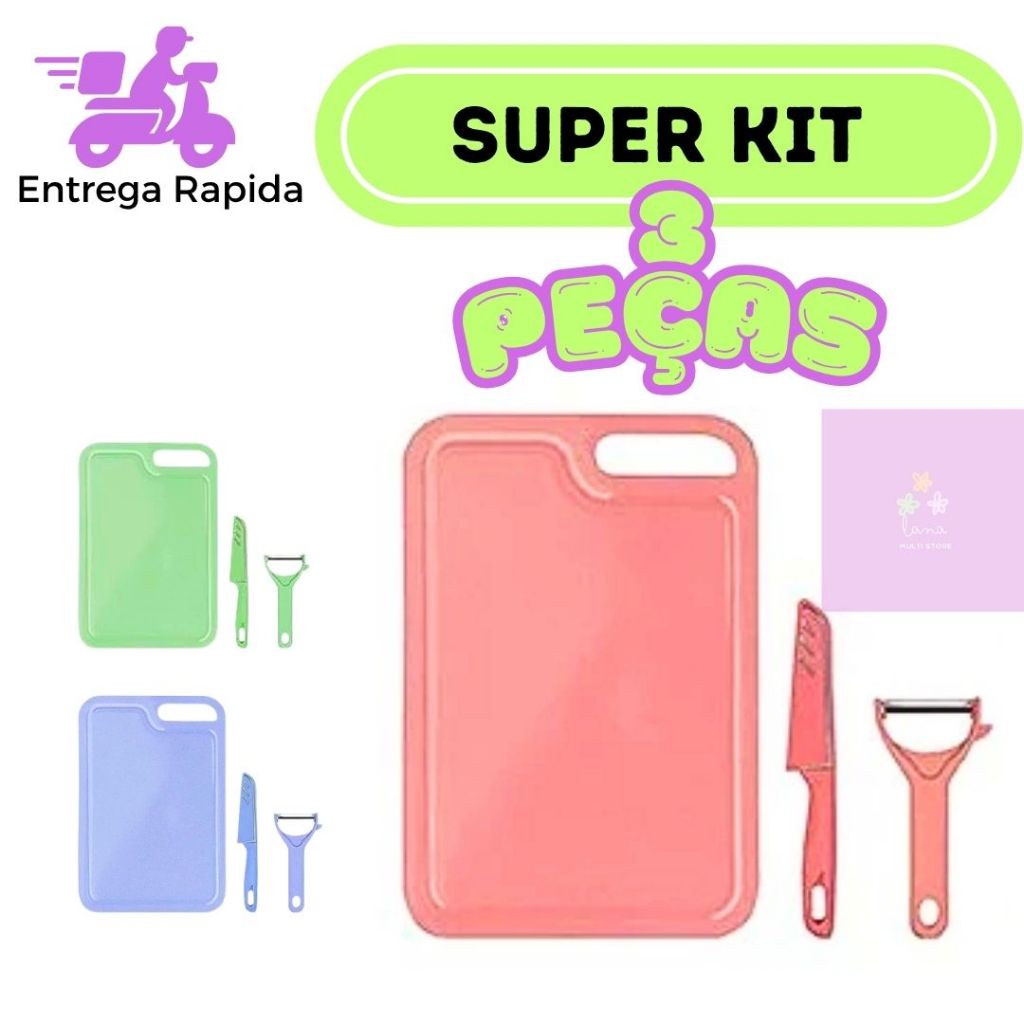 Kit 3 Peças Faca Descascador Tabua de Corte Utilidades Cozinha Kit Culinário