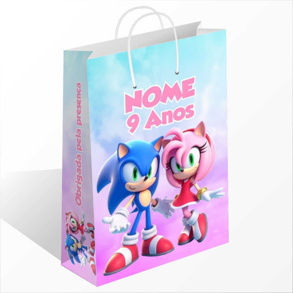 Sacolinha Personalizada Sonic e Amy Rose Aniversario Personalizado com Nome Lembrancinha de Festa