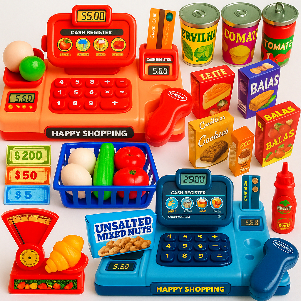 Kit Brinquedos Menino Menina 29 Pecas Mercadinho Infantil Caixa Registradora Comidinha Mercado Kids