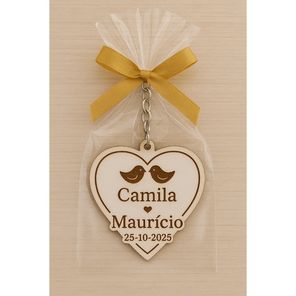 Chaveiro Lembrança Casamento Coração com Passarinhos Personalizado em MDF laminado branco com Celofane + fita de cetim