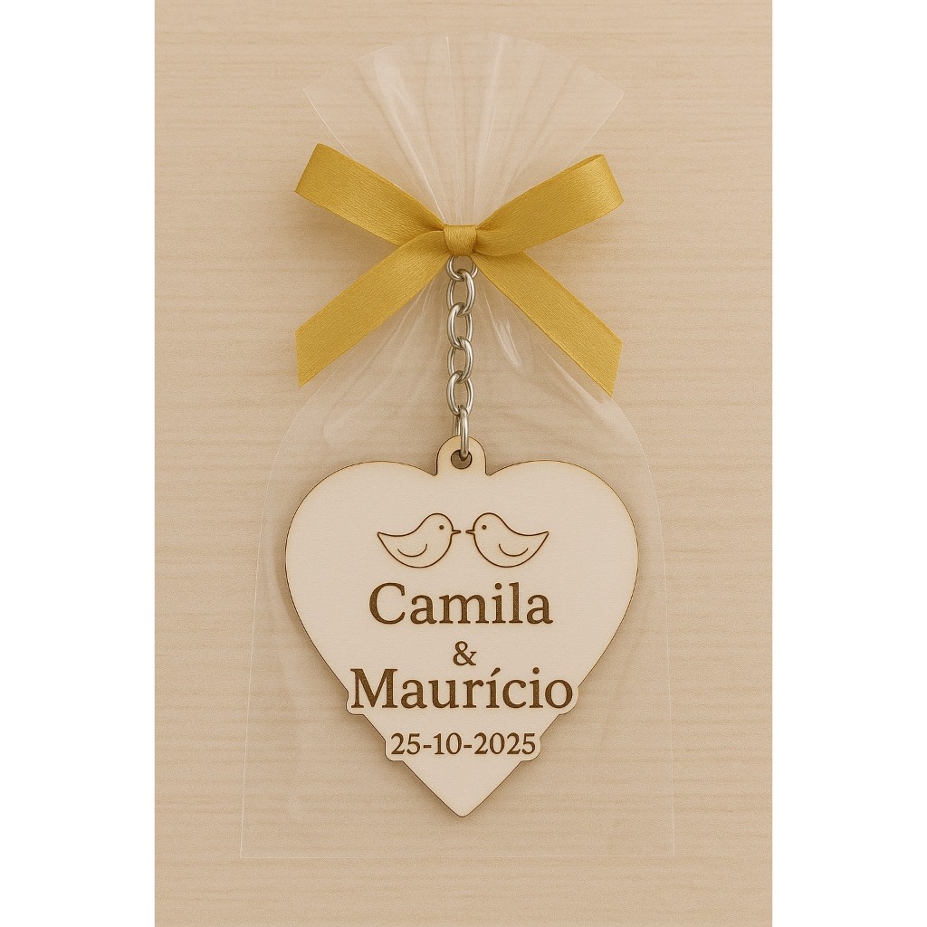 Chaveiro Lembrança Casamento Coração com Passarinhos 2 Personalizado em MDF laminado branco com Celofane + fita de cetim