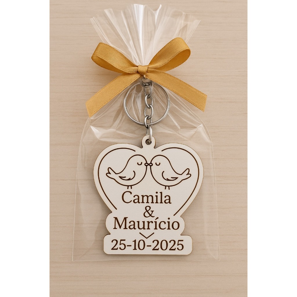 Chaveiro Lembrança Casamento Coração com Passarinhos 3 Personalizado em MDF laminado branco com Celofane + fita de cetim
