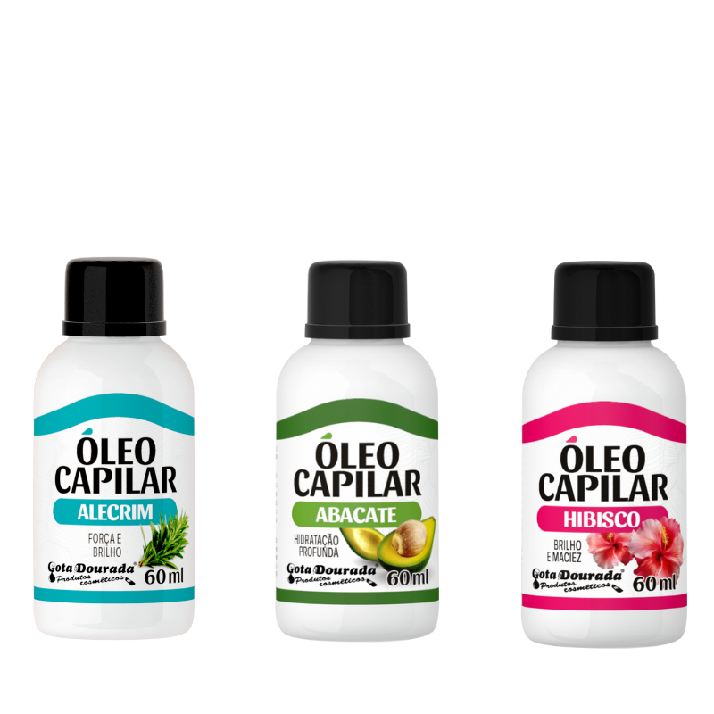 Kit Óleo para Cabelo Gota Dourada - Oléo Capilar 3 unidades - Abacate, Hibisco e Alecrim em Oferta na Shopee