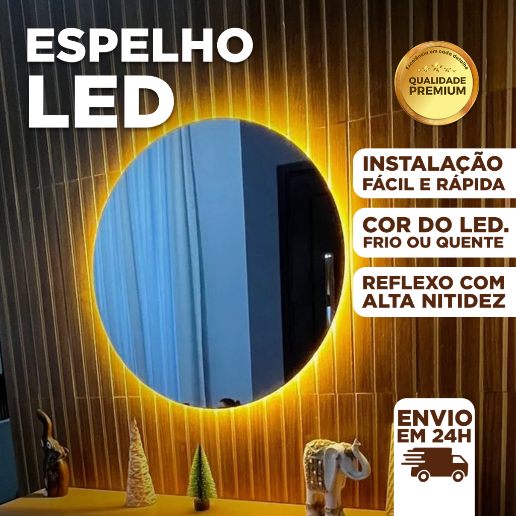 Espelho Redondo 60cm Lapidado Com LED Para Maquiagem Banheiro Quarto Sala + Suporte e Kit ...
