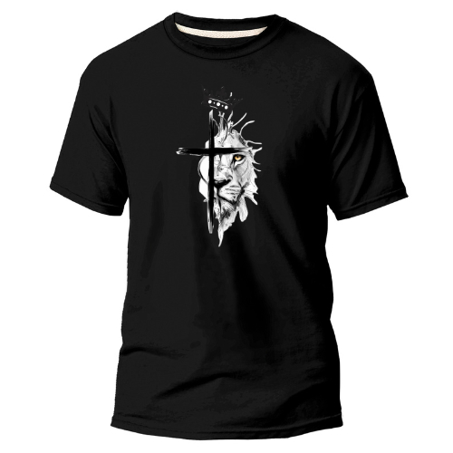Camiseta Masculina Leão com Cruz e Coroa | Estampa Religiosa Cristã Estilo Streetwear Gospel Fashion