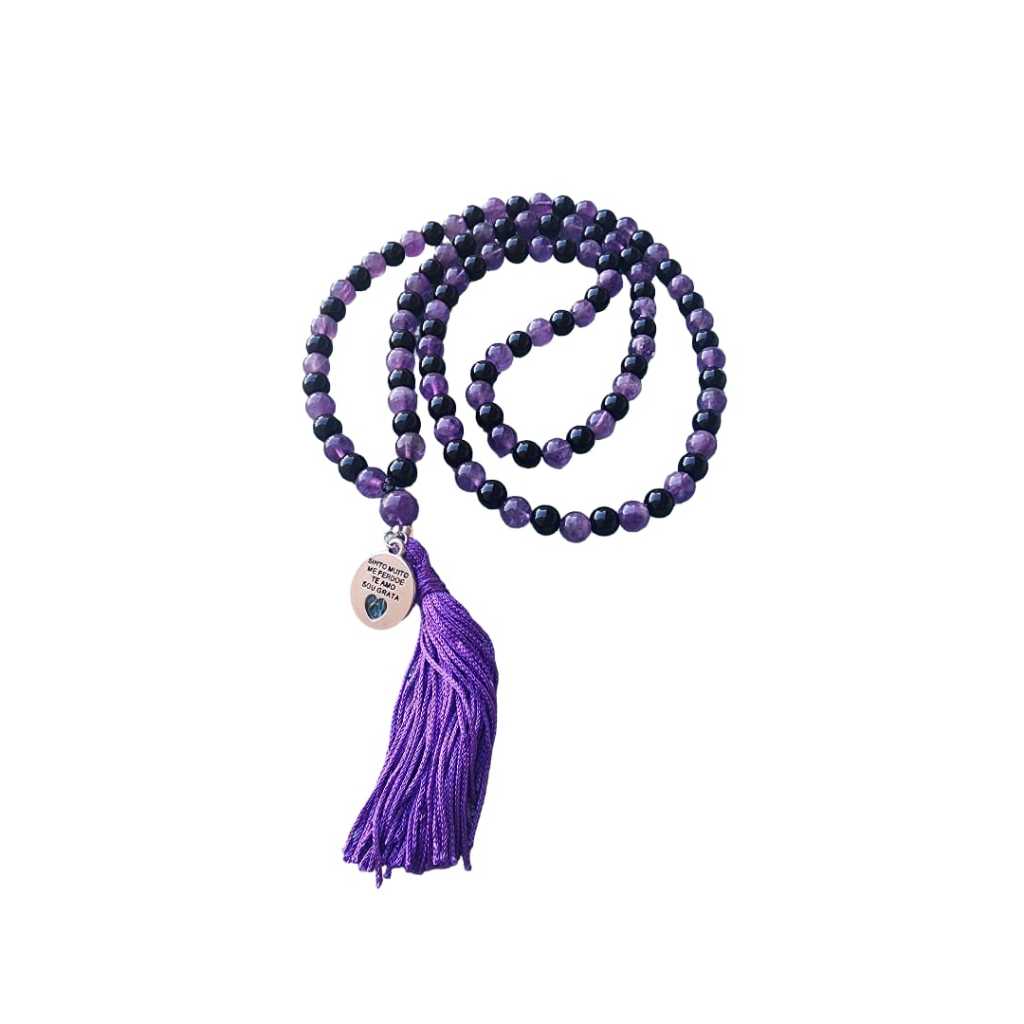 Japamala de pedras ametista e onix 108 contas 8 mm pingente hoponopono em Oferta na Shopee