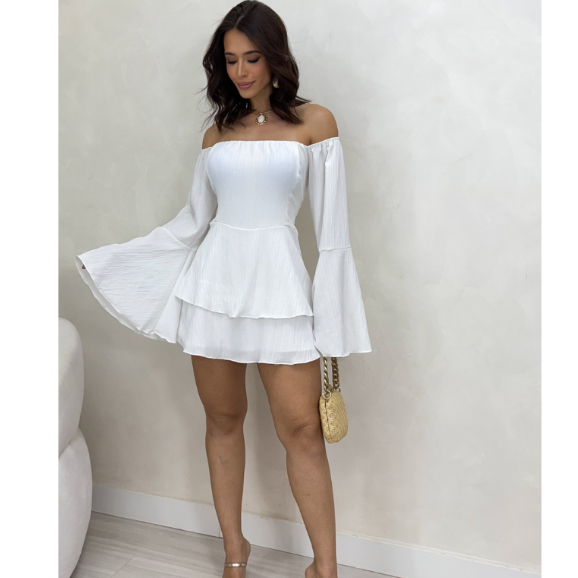 Vestido Macaquinho Feminino Manga Flare Ombro a Ombro Para Festas Aniversários Looks Estilosos