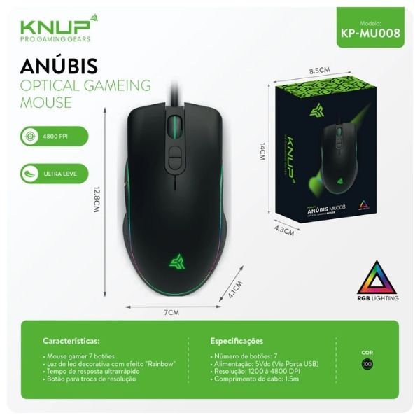 Mouse Gamer MU008: Desempenho e estilo com o LED RGB, conexão com fio compatível com PC e videogames