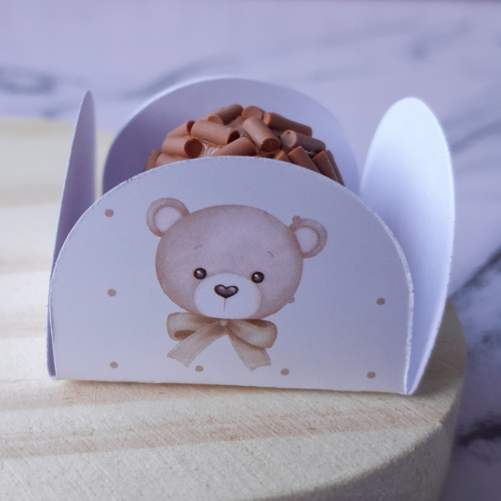 Forminhas 3,5cm Personalizadas para Doces Docinhos Brigadeiros Ursinho Bege Chá Revelação