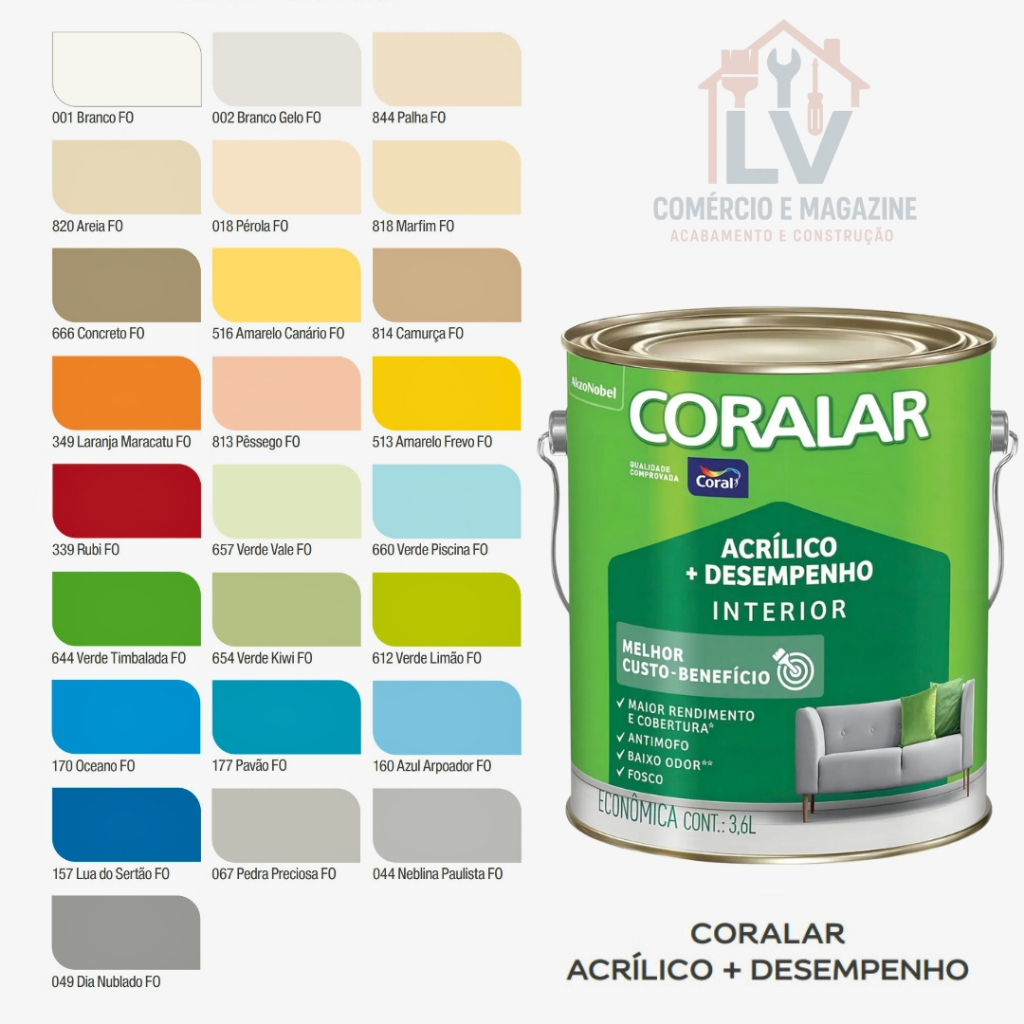 Tinta Coralar Anti Mofo Acrilica Parede 3,6 Litros - Escolha A Cor Interno e Externo Mais Desempenho