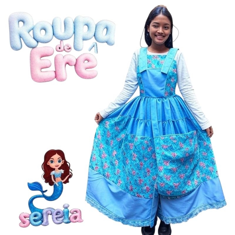 Roupa de Erê Jardineira Sereia Iemanjá Umbanda/Candomblé/Omolokô Saia