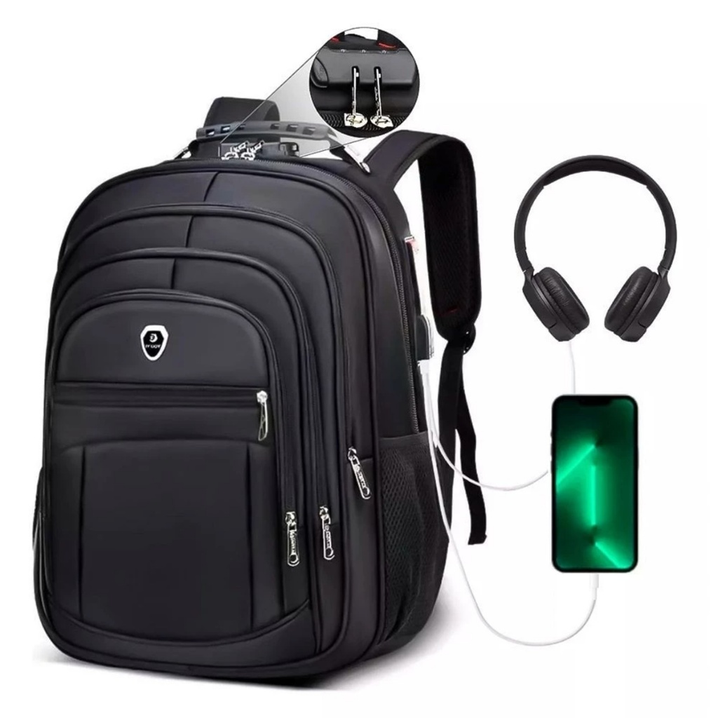 Mochila Unissex Impermeável Reforçada Grande Faculdade Entradas USB e Fone P2 Anti-Furto