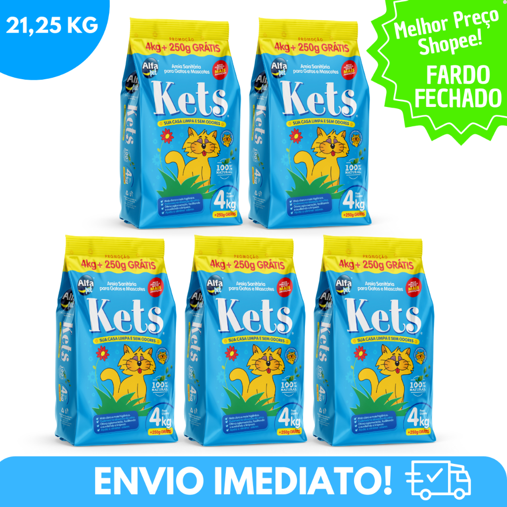 Kit 5 Areia Sanitária Higiênica Natural Argila de Gatos Kets Fardo Fechado 5x4,25KG - 21,25Kg Total