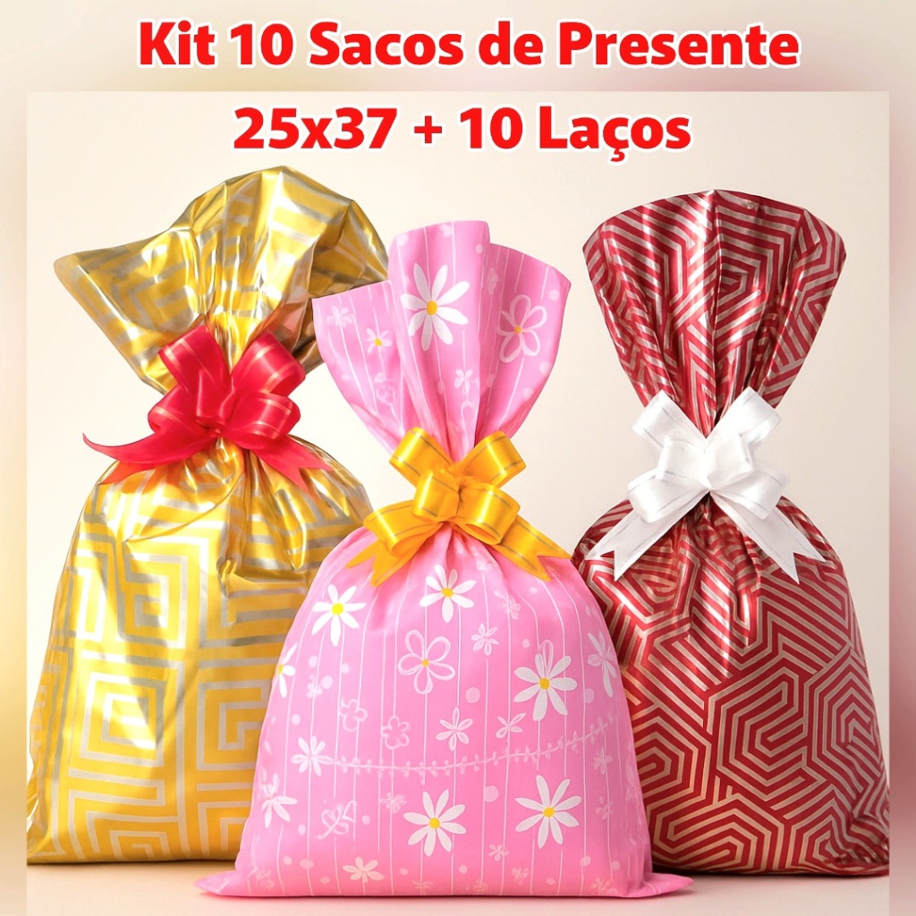 Kit 10 Sacos de presente 25x37 + 10 laços fácil em Oferta na Shopee