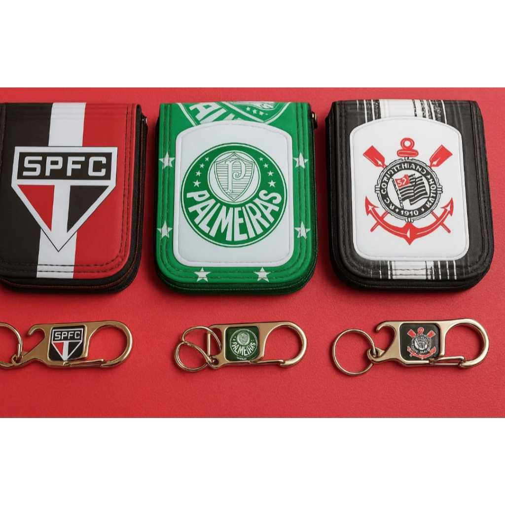 Carteira Time Futebol + Chaveiro Com Zíper Presente Pais Masculina Corinthians São Paulo Palmeiras