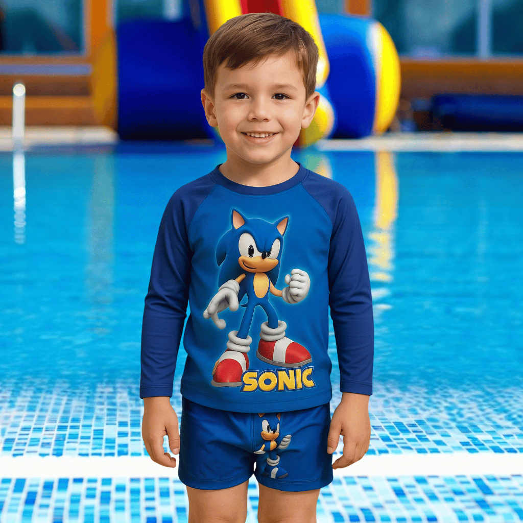 Conjunto Infantil Sonic Proteção Solar UV 50+ Camiseta + Sunga Praia Piscina Tam 2 ao 8