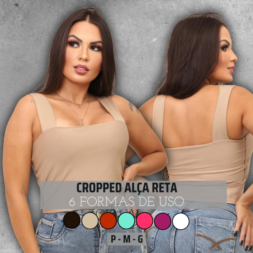 Cropped Feminino Alça Grossa Reta Suplex Regata Blusinha Blusa Básico Forrado Verão Decote Quadrado Top Dia a Dia