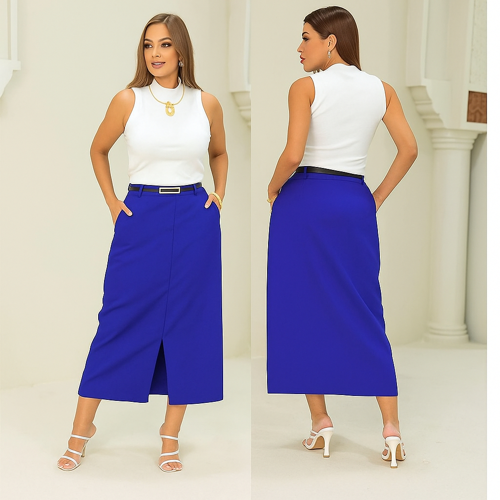 Saia Midi Alfaiataria Com Cinto Com Fenda Bolso Lateral Moda evangélica Feminino em Oferta na Shopee