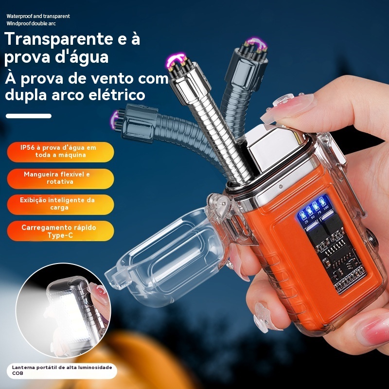Isqueiro elétrico recarregável portátil com lanterna e resistene a água Isqueiro Plasma USB Tipo C Lanterna LED COB