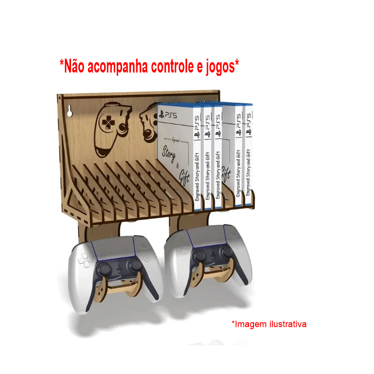 Suporte Estante de Parede para 15 Jogos e Suporte para 2 Controles XBO PS4 PS5 em MDF 3mm