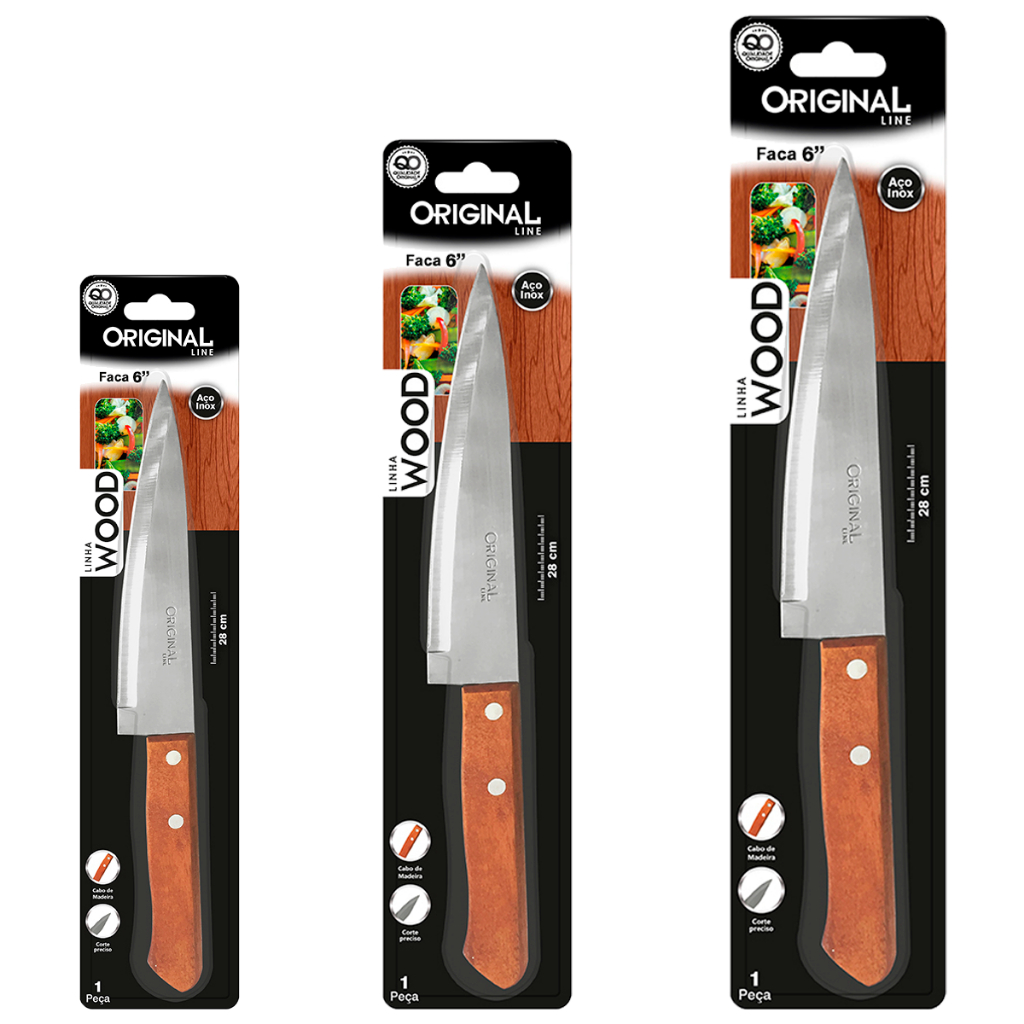 Faca Para Cozinha Resistente Lâmina em Aço Inoxidável Corte Rápido Vários Tamanhos Cabo Madeira
