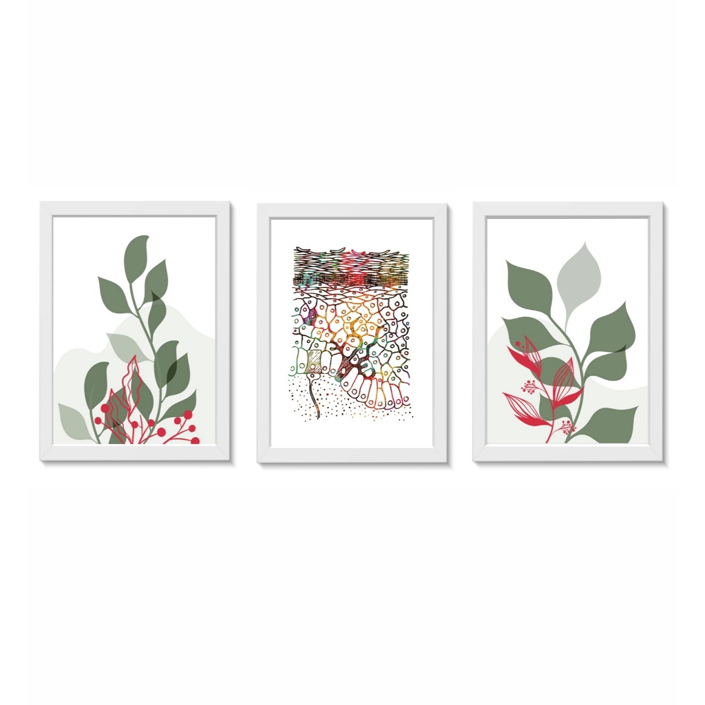 Kit 3 Quadros Decorativos Pele Aquarela Folha Decoração Médico de Dermatologia Moldura 20x30cm Madeira