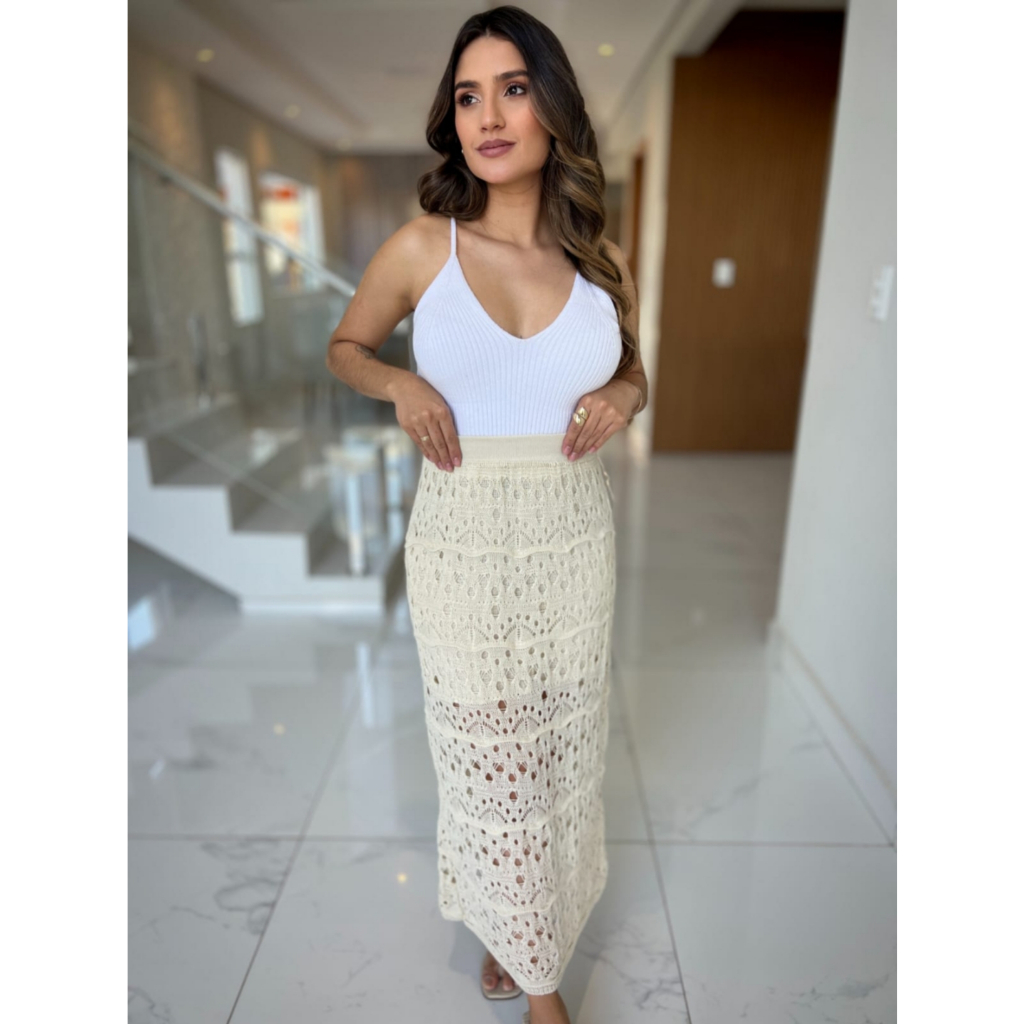 Saia Feminina Midi Lisa Forrada Ponto Crochê em Tricot  Casual , Elegante ,Versátil , Moda Verão em Oferta na Shopee