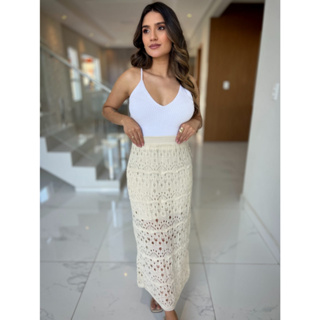 Saia Feminina Midi Lisa Forrada Ponto Crochê em Tricot  Casual , Elegante ,Versátil , Moda Verão em Oferta na Shopee