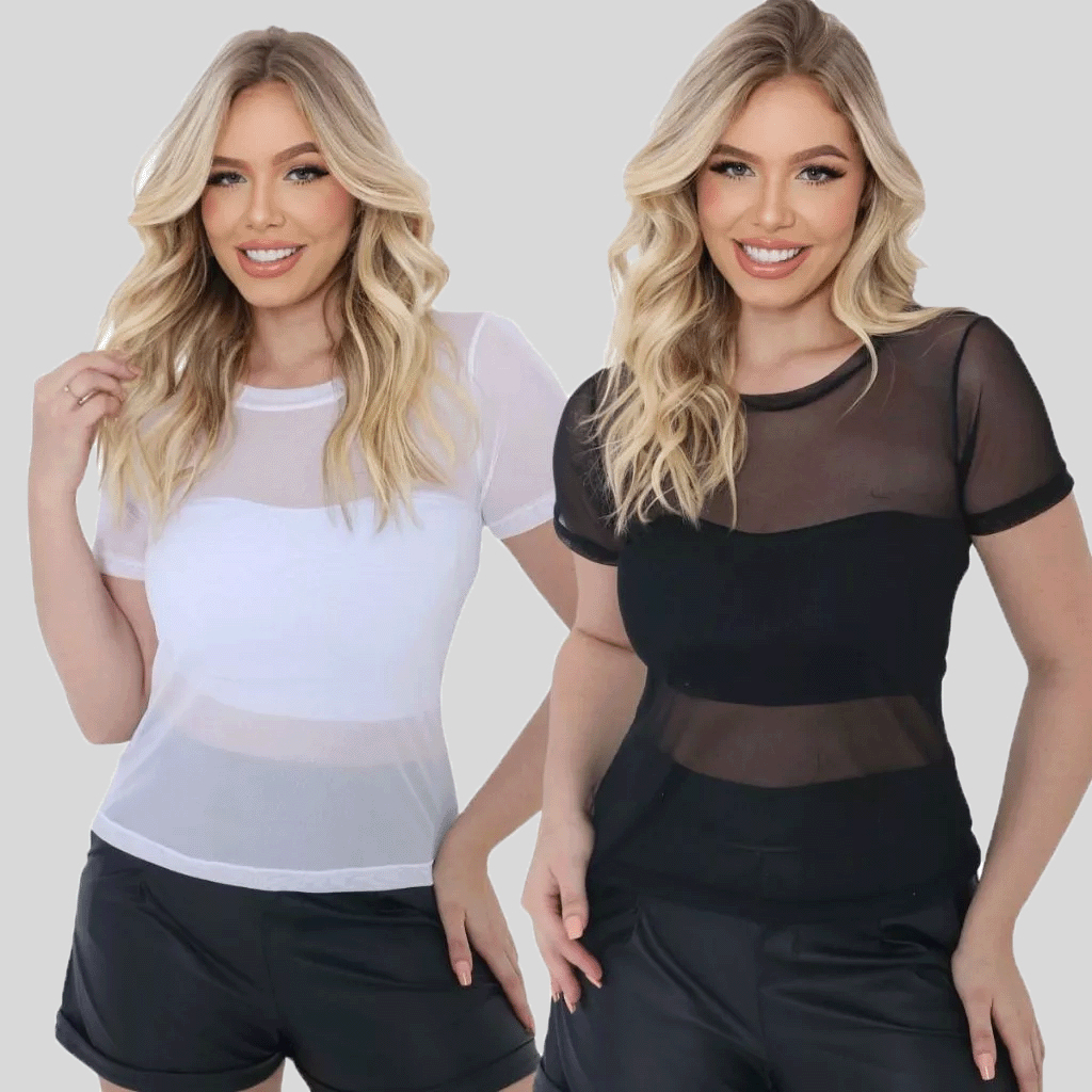 T-shirt Tule Camisa Transparente Manga Curta Tendência Verão