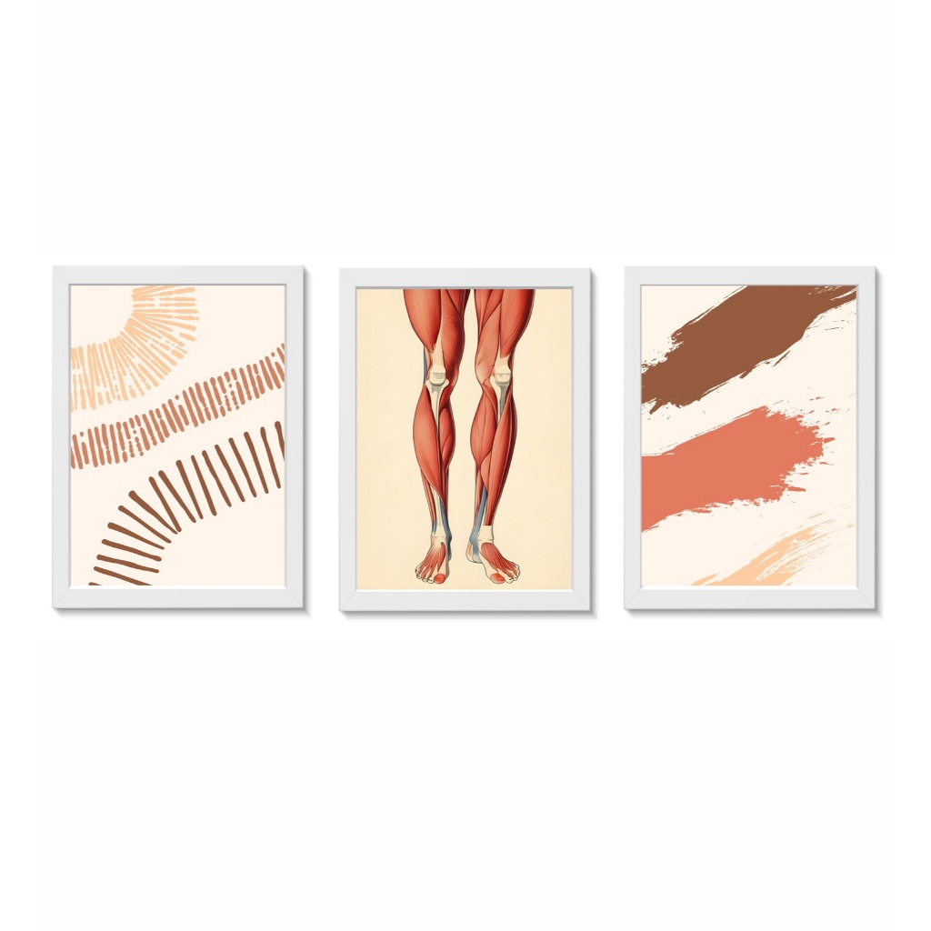 Kit 3 Quadros Decorativos Sistema Muscular Pernas Decoração Consultório Médico e de Fisioterapia Molduras 20x30cm