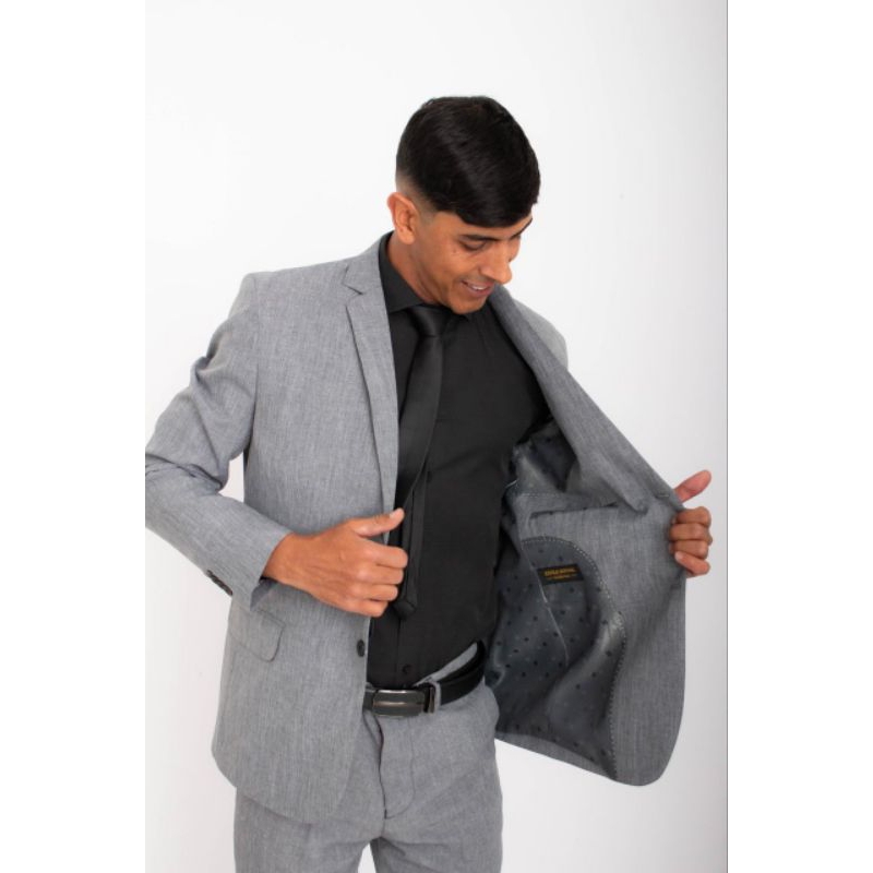 Terno Slim Masculino Cinza Microfibra Melange (Paletó - Calça - Cabide)