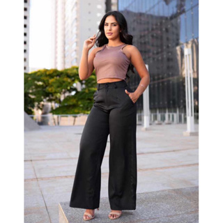 Calça alfaiataria Wide leg social feminina Pantalona casual zíper na frente em Oferta na Shopee