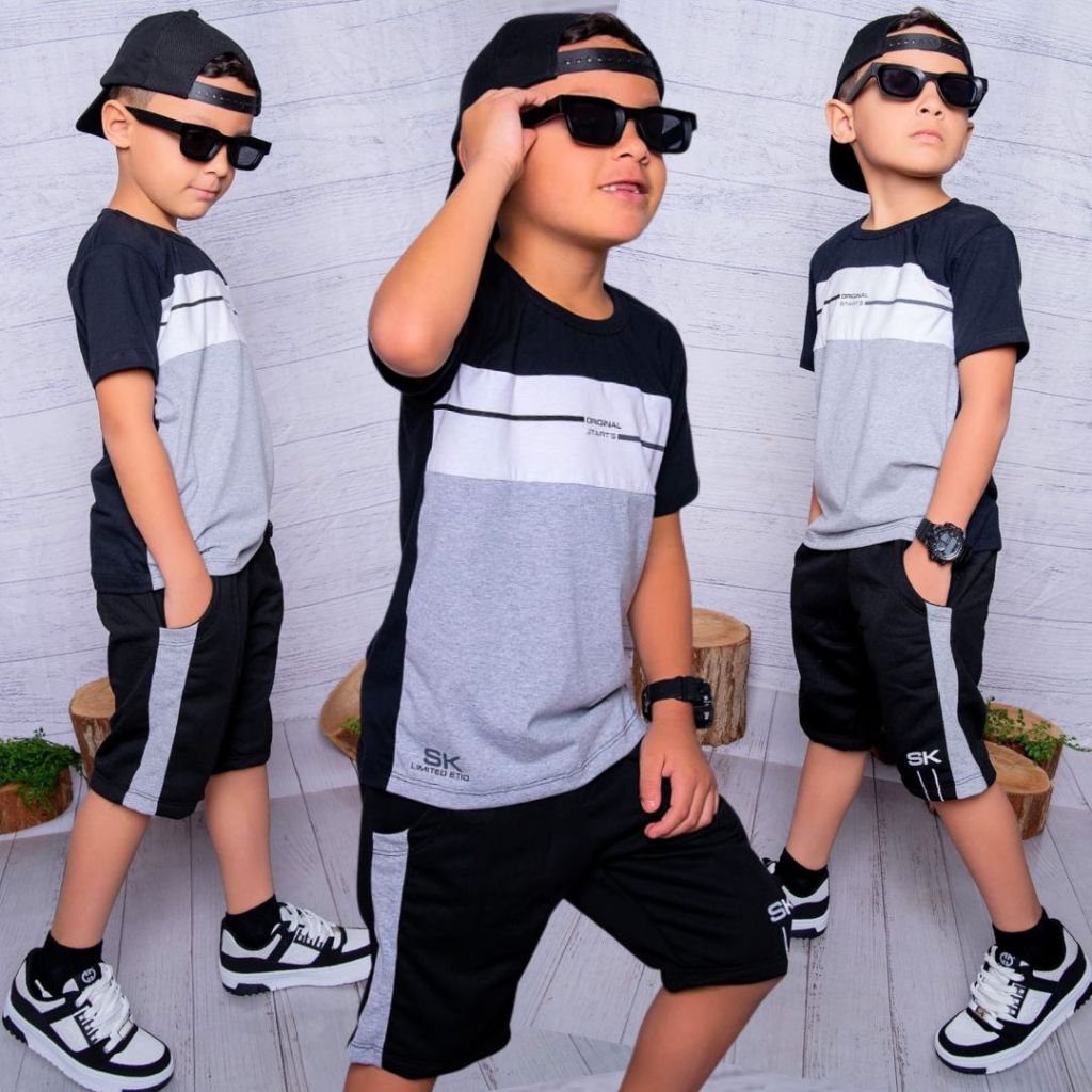 Conjuntos Infantil Menino Diversos Estiloso Verão Camisa e Bermuda Juvenil Top Veste Do 2 ao 14 anos