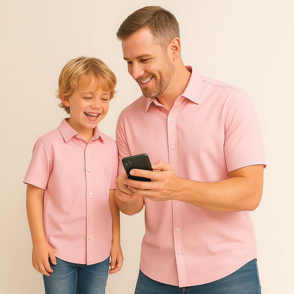Camisa Social Tal Pai Tal Filho Cor Rosa Bebê Kit Camisas Iguais Adulto e Infantil Manga Curta